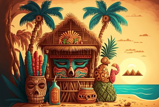 cartoon illustration, wooden tiki bar hut with tribal drinks and snacks, ai generative