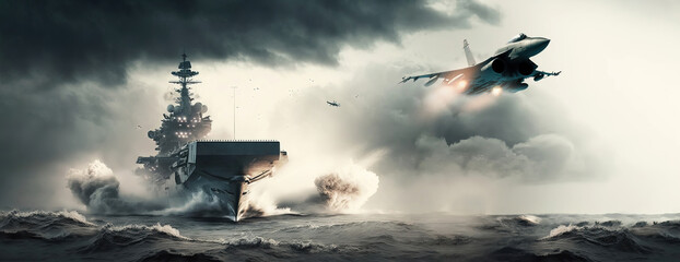 panoramic view of a generic military aircraft carrier ship with fighter jets take off during a special operation at a warzone, wide poster design with copy space area - obrazy, fototapety, plakaty