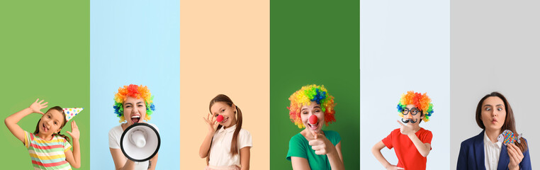 Set of funny people in disguise on color background. April Fools' Day