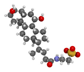 Taurursodiol drug molecule. Also known as ursodoxicoltaurine and tauroursodeoxycholic acid or TUDCA. 3D rendering.