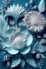 paper cut style flowers with tiffany color botanical background, generative AI art