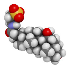 Taurursodiol drug molecule. Also known as ursodoxicoltaurine and tauroursodeoxycholic acid or TUDCA. 3D rendering.