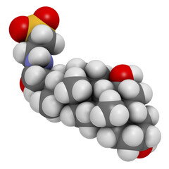 Tauroursodeoxycholic acid (TUDCA) molecule. Conjugate of taurine and ursodeoxycholic acid. 3D rendering.