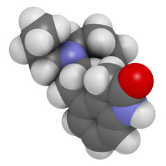 Ropinirole drug molecule. 3D rendering.
