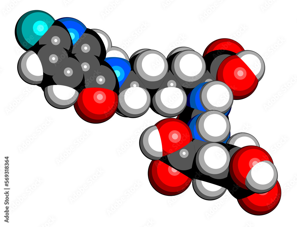 Poster Piflufolastat F-18 radioactive diagnostic molecule. 3D rendering.