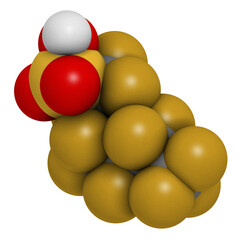 Perfluorohexanesulfonic acid (PFHxS) molecule. 3D rendering.