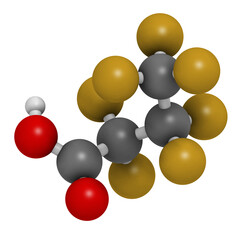 Perfluorobutanoic acid molecule. Also now as heptafluorobutyric acid (HFBA). 3D rendering.
