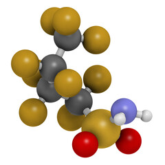 Perfluorobutane sulfonamide molecule. 3D rendering.