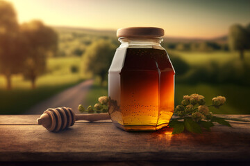 Jar of honey on a wooden table with green fields in the background. Generative AI. 