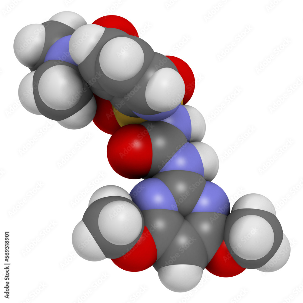 Sticker Nicosulfuron systemic herbicide molecule. 3D rendering.