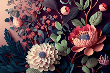 paper cut style with colorful botanical flowers, green leaves, and black background, generative AI Art