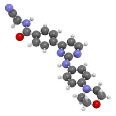 Momelotinib drug molecule. 3D rendering.