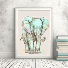 Mockup framed picture of an elephant. AI generated 