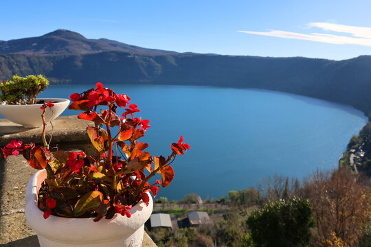 scenic view of Lake Albano from the town of Castel Gandolfo, south of Rome, Italy