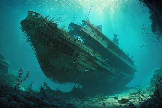 wrecked ship underwater. generative ai.  