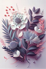 paper cut style with soft white and purple flowers, botanical leaves, and soft pink background, generative AI Art
