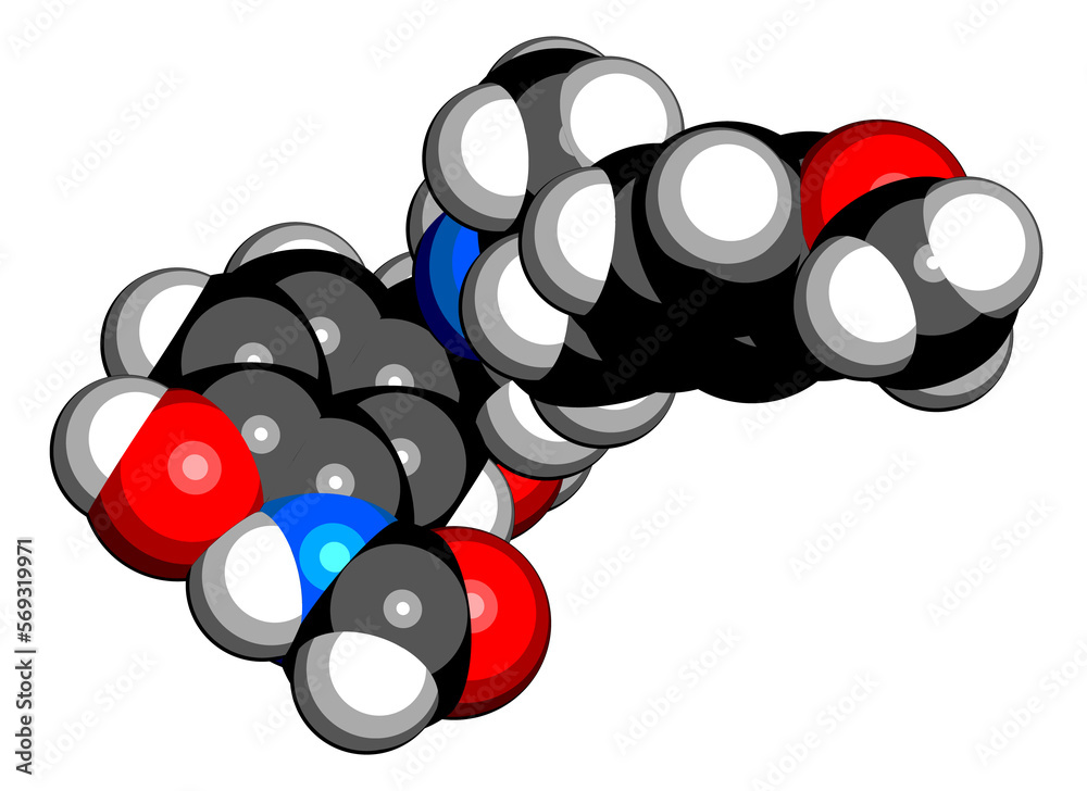 Sticker Formoterol drug molecule. 3D rendering.