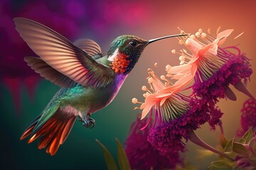 Hummingbird sucks nectar from flower in the morning. Close Up. Generative AI