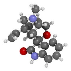 Gelsemine alkaloid molecule. 3D rendering.