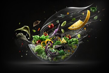  a bowl of salad with oranges, lettuce, onions, and other vegetables falling into the bowl with a spoon in it.  generative ai
