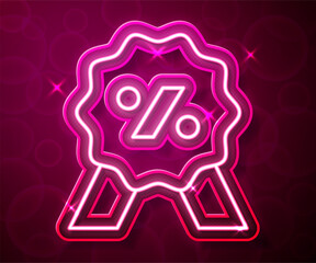 Glowing neon line Discount percent tag icon isolated on red background. Shopping tag sign. Special offer sign. Discount coupons symbol. Vector