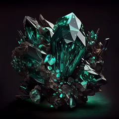 Poster Shiny Crystal emerald gem isolated on black background. Natural precious mineral stone artistic illustration. Decorative green Crystal emerald realistic gemstone poster. © Vector Juice