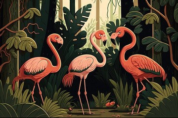  three flamingos are standing in the middle of a jungle with birds around them and a bird in the middle of the frame, and a bird in the foreground.  generative ai