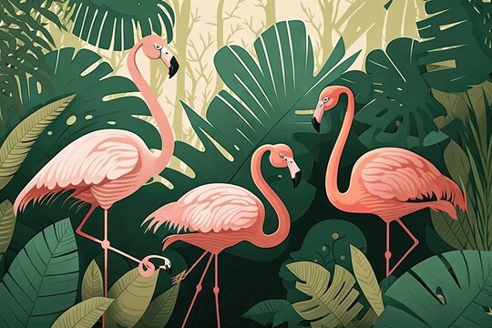  a group of pink flamingos standing in a forest of palm trees and leaves, with one flamingo looking at the camera and the other flamingo standing in the foreground.  generative ai