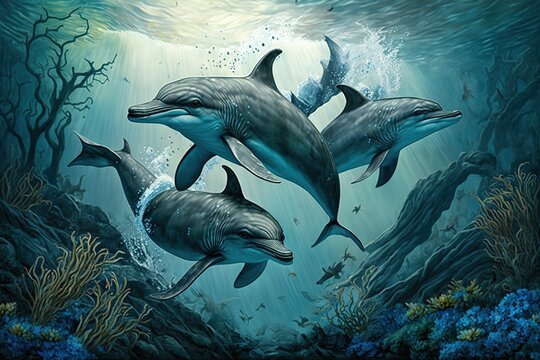  a painting of three dolphins swimming in the ocean with corals and seaweed around them, with sunlight streaming through the water's surface.  generative ai