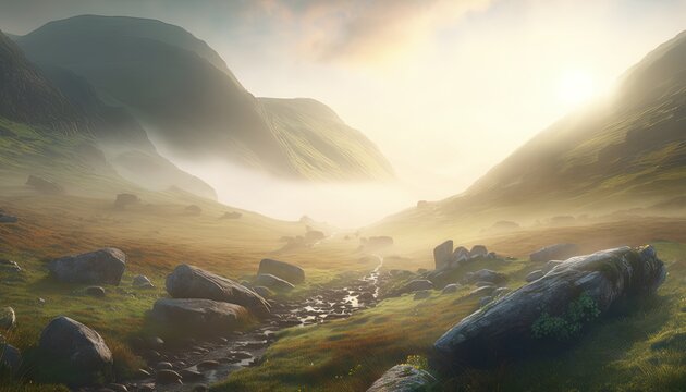  a painting of a stream running through a lush green valley with rocks and grass on both sides of the stream and a mountain range in the distance.  generative ai