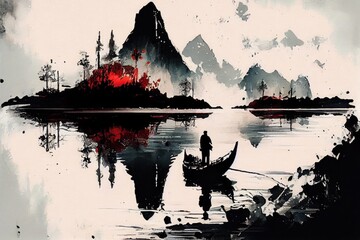 landscape with boat on lake and mountain, contemporary color ink oil painting, generative AI art