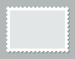 Post stamp. Postal rectangular frame. Empty mail stamp. Postage perforated label. Blank border for envelope letter. White paper postmark isolated on gray background. Vector illustration.