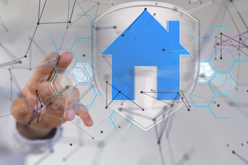 home iot - Neural network 3D illustration. Big data and cybersecurity - connection