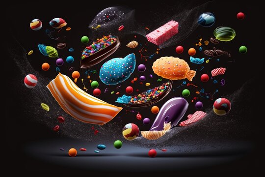  a bunch of different types of candies flying in the air with a black background and a black backdrop with a black backdrop and a black backdrop.  generative ai
