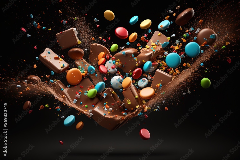 Poster  a chocolate dessert with sprinkles and chocolate on a black background with a splash of chocolate on the top of the image and sprinkles on the bottom of the image.  generative ai