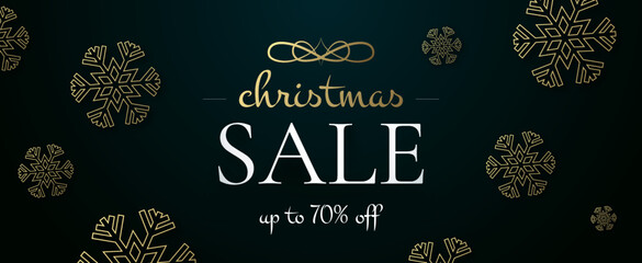 Merry Shristmass sale banner template, poster, greeing card, new year discount, gift boxes, green background, golden style