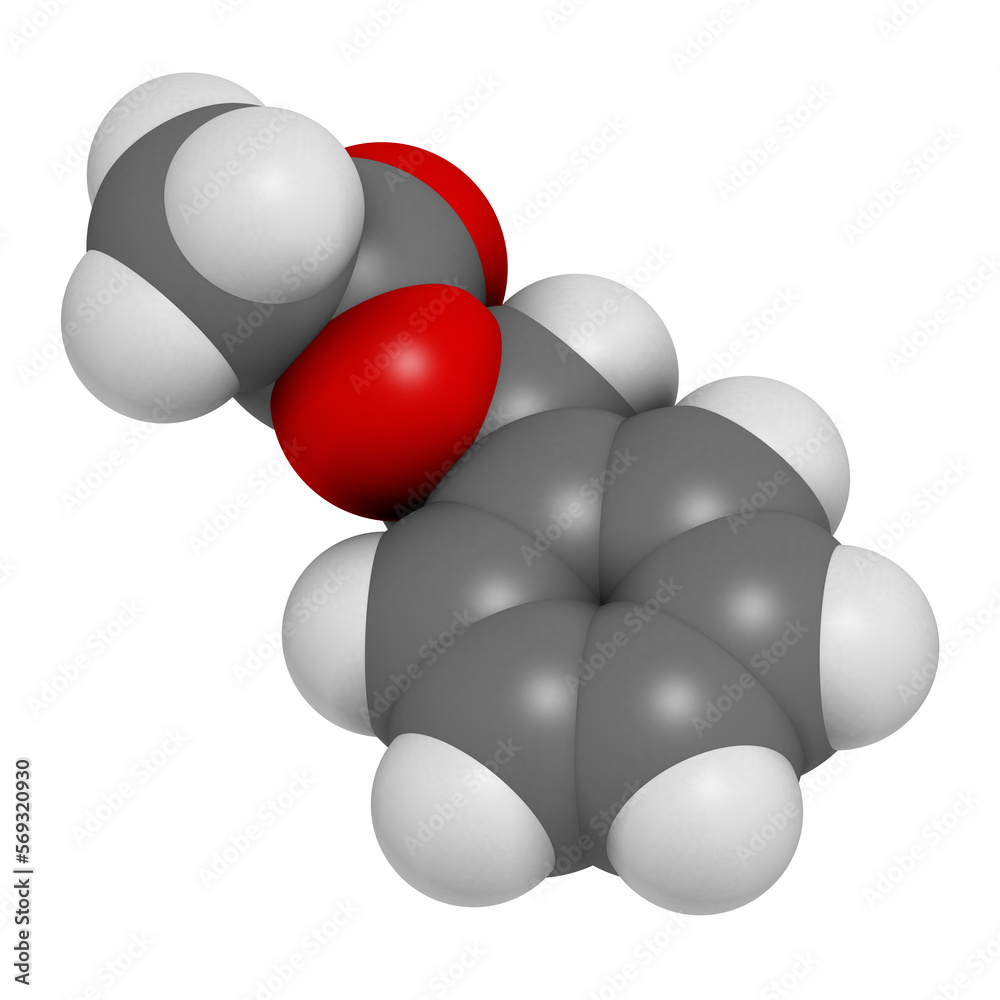 Sticker Benzyl acetate molecule. 3D rendering.