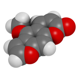 Bergapten or 5-methoxypsoralen molecule. Photosensitizer present in several plants, responsible for causing phytophotodermatitis. 3D rendering.