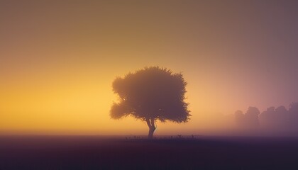  a lone tree in a foggy field at sunset with a yellow sky in the background and a few trees in the foreground with a few leaves on the ground.  generative ai