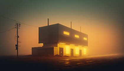  a building that is sitting in the middle of a foggy field with a traffic light on it's side and a street light on the other side of the road.  generative ai