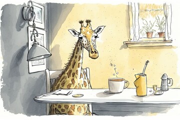  a giraffe standing in front of a window next to a cup of coffee and a mug on a table next to a window.  generative ai