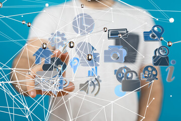 Neural network 3D illustration. Big data and cybersecurity - connection