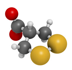 Asparagusic acid molecule. Organosulfur compound present in asparagus that is responsible for the typical urine odour after eating asparagus. 3D rendering.