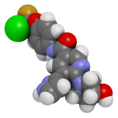 Asciminib cancer drug molecule. 3D rendering.