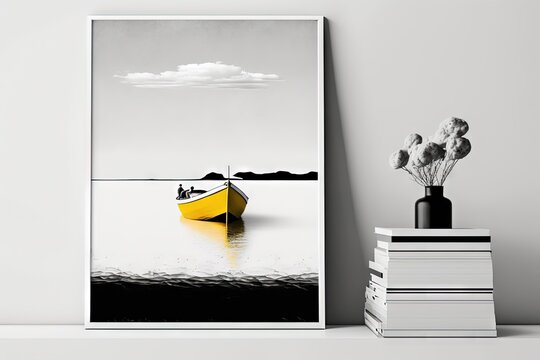  a picture of a yellow boat in the water with a sky background and a stack of books next to it on a shelf next to a vase with flowers.  generative ai