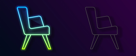 Glowing neon line Armchair icon isolated on black background. Vector