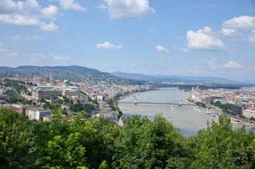 Fototapeta premium Aerial view of the Danube River through Budapest