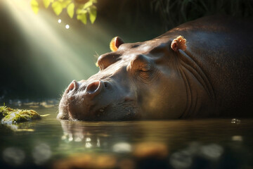 Fototapeta premium hippopotamus sleep in their natural habitat, generative AI