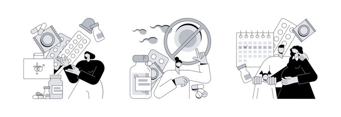 Pregnancy planning abstract concept vector illustration set. Birth control, contraception and family planning, gynecologist visit, become parents, hormonal contraception abstract metaphor.
