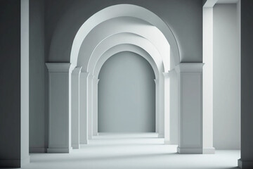 Pasillo con arcos consecutivos color blanco, generative ai.